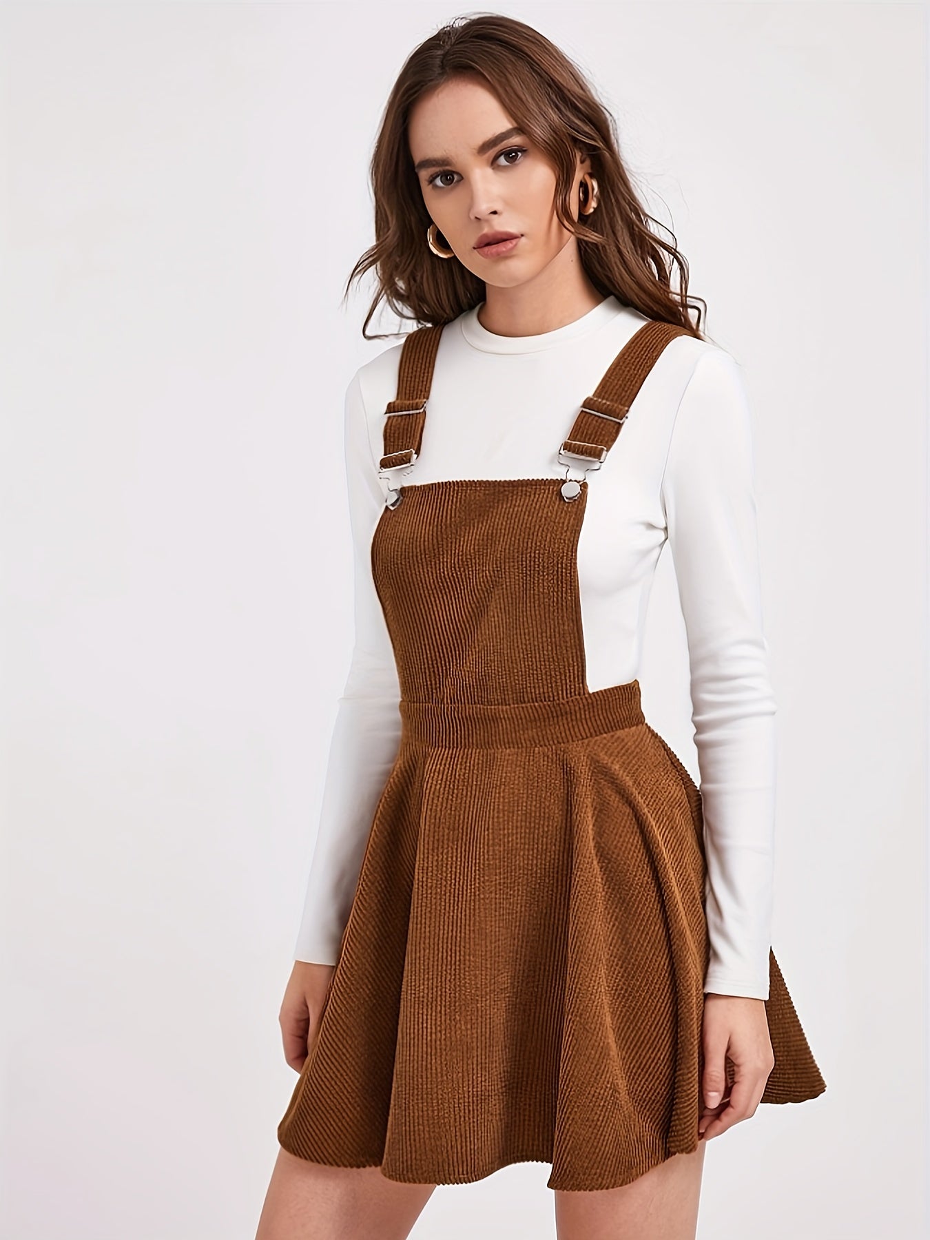 Antmvs Solid Adjustable Straps Dress, Elegant Sleeveless A Line Corduroy Pinafore Overall Dress, Women's Clothing