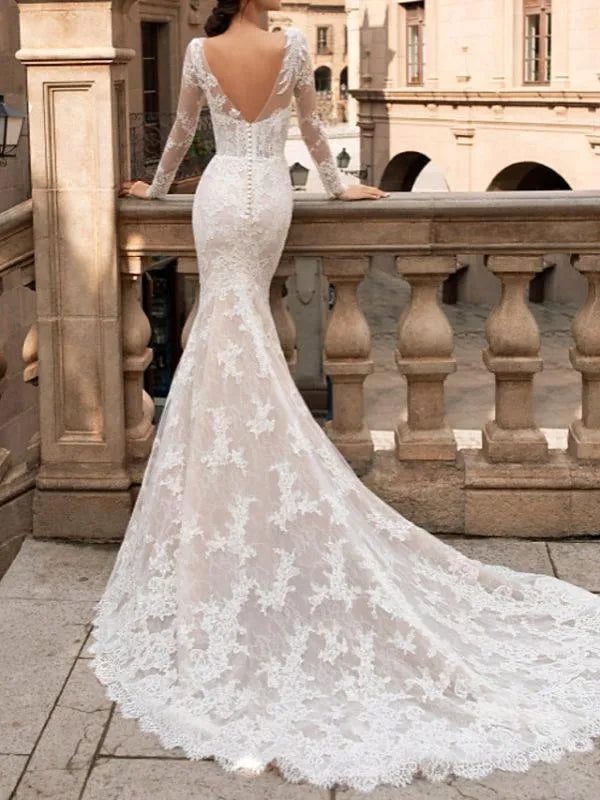 Modest Long Sleeve Lace Mermaid Wedding Dresses Sexy Backless Jewel Neck Appliques Ruched Long Bridal Gowns Robes de mariage BC18635