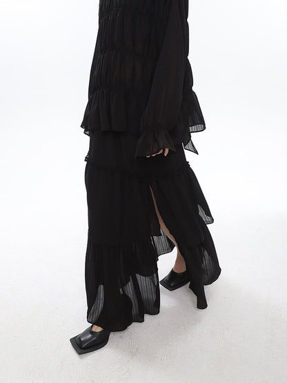 Antmvs Bailon Solid Color Black Chiffon Pleated Layered Long Blouse Skirt Dress Matching Set