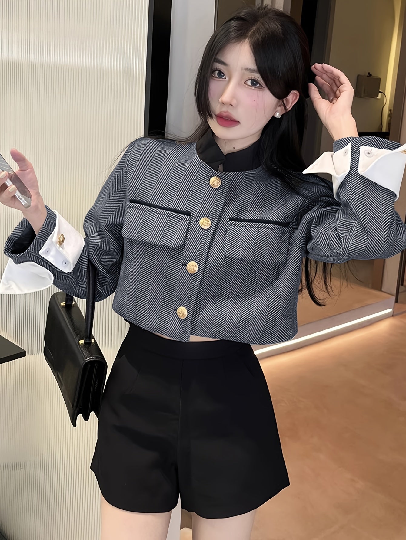 Antmvs Contrast Trim Single Breasted Jacket, Elegant Long Sleeve Stand Collar Outwear For Fall & Winter, Women's Clothing