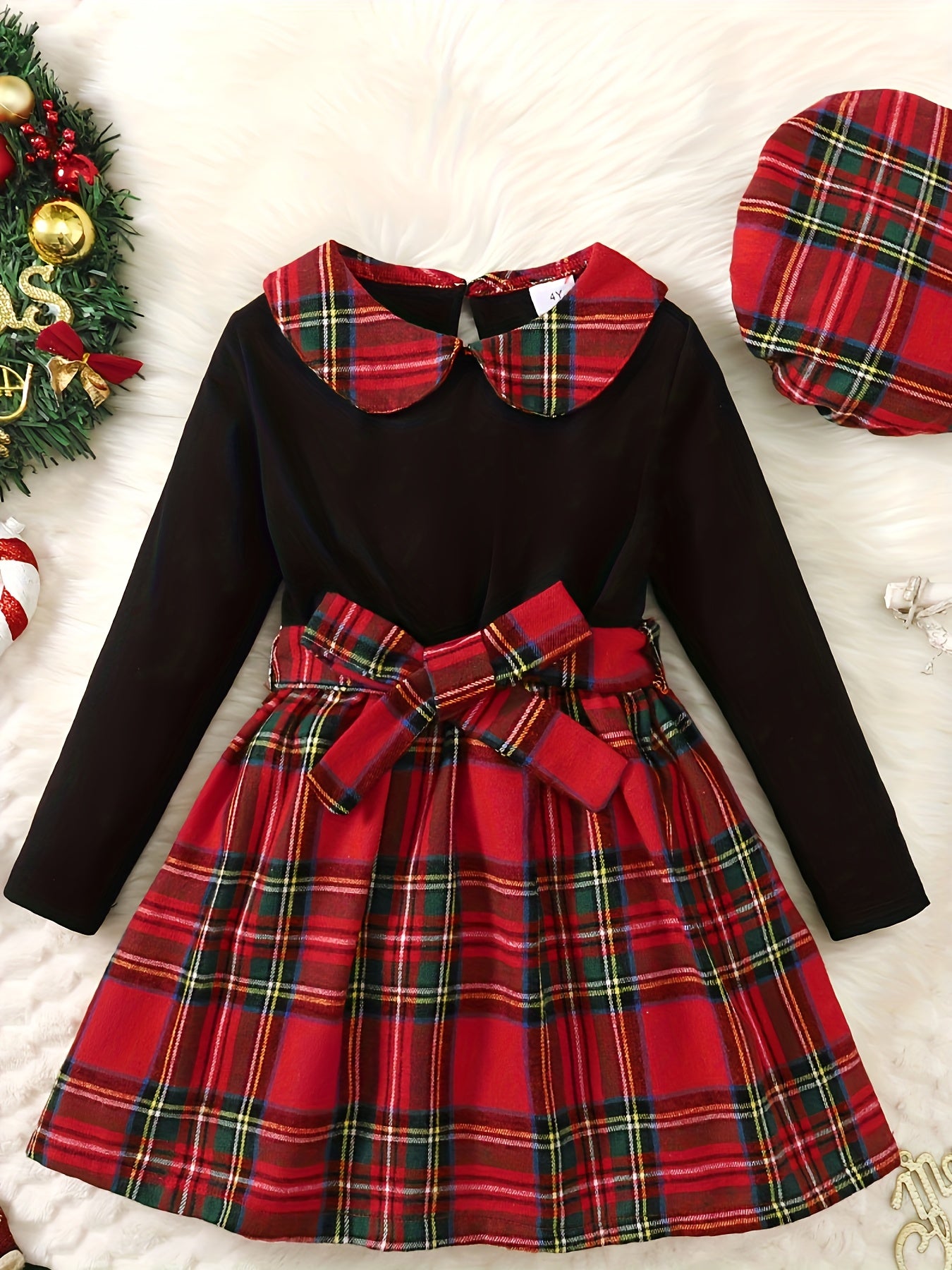 2-Piece Christmas Dress Set for Girls - Splicing Plaid Dress with Bow Belt and Plaid Beret Hat - Perfect for Fall Party, Holiday Outfit, and Winter Fashion for Kids