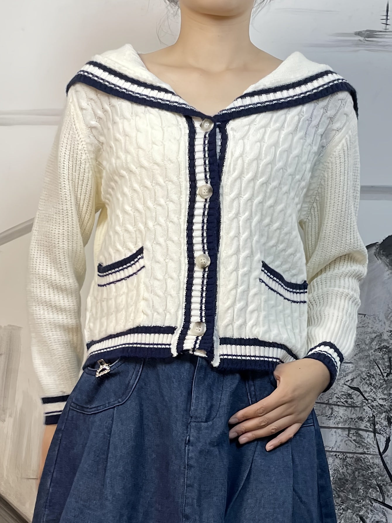 Antmvs Contrast Trim Button Down Knit Cardigan, Cute Sailor Collar Long Sleeve Sweater, Women's Clothing