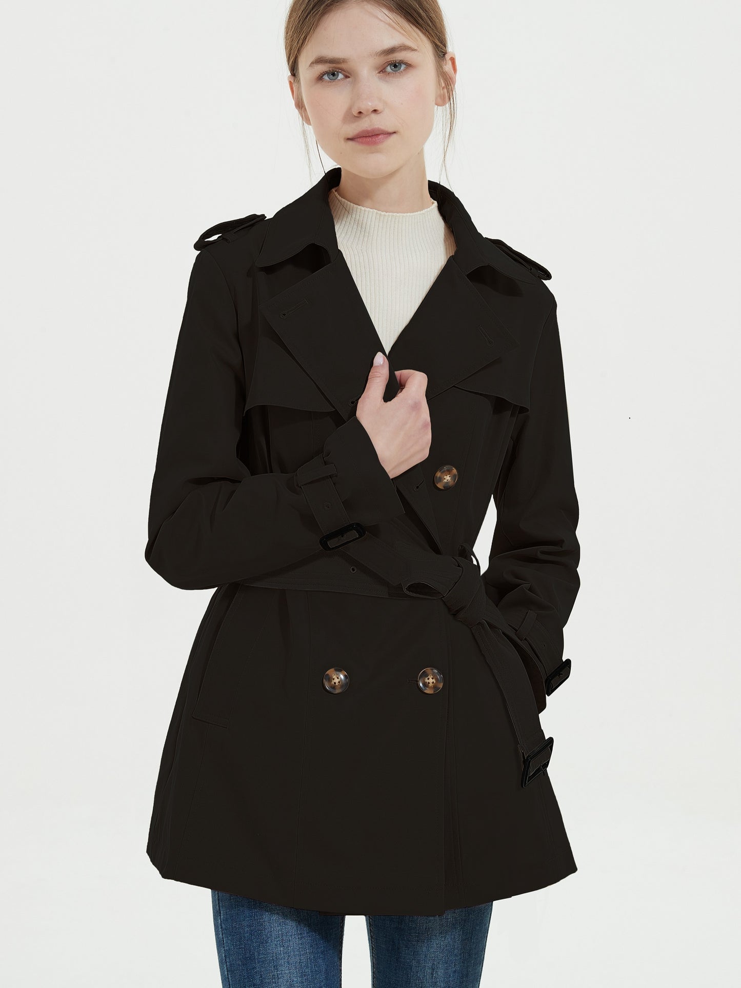 Antmvs Women's Spring Trench Coat, Windproof Short Casual Coat With Belt Button Women's Trench Coats