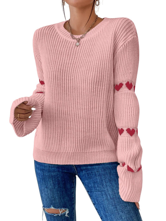 Antmvs Heart Pattern Drop Shoulder Sweater, Casual Long Sleeve Sweater For Fall & Winter, Women's Clothing