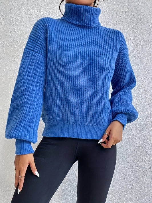 Antmvs Solid Turtle Neck Sweater, Casual Long Sleeve Drop Shoulder Sweater, Women's Clothing