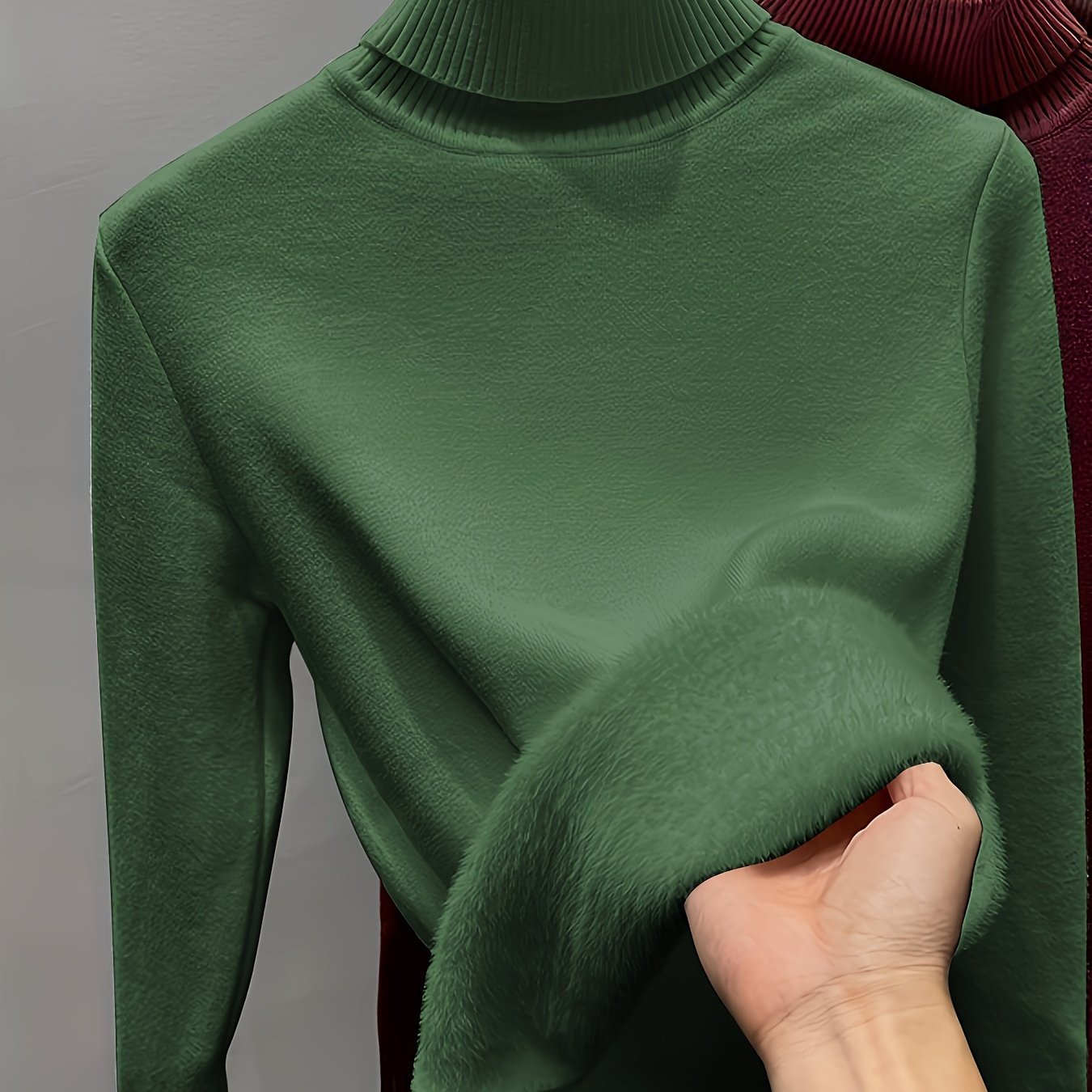 Antmvs Solid Turtle Neck Fleece Pullover Sweater, Elegant Long Sleeve Slim Thermal Sweater, Women's Clothing