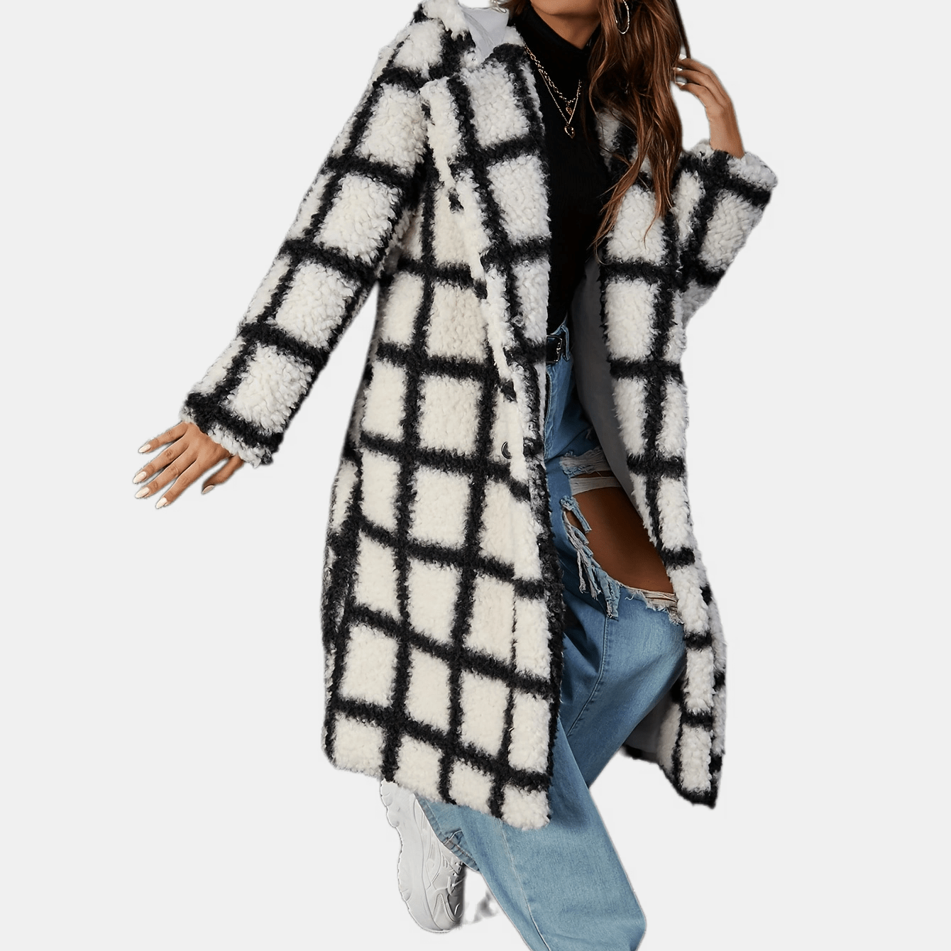 Antmvs Plaid Print Double-breasted Plush Coat, Casual Thermal Long Sleeve Lapel Midi Length Coat For Fall & Winter, Women's Clothing