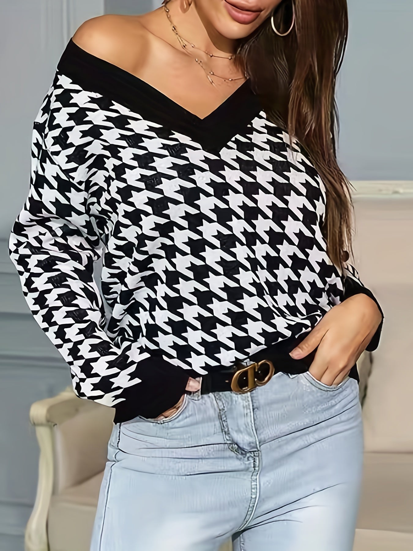 Antmvs Plus Size Casual Sweater, Women's Plus Houndstooth Print Long Sleeve V Neck Jumper