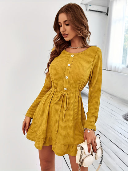 Antmvs Ruffle Hem Button Front Dress, Casual Long Sleeve Crew Neck Drawstring Dress, Women's Clothing