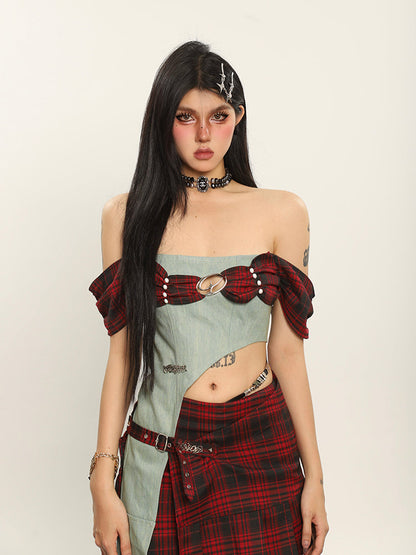 Antmvs Dauna Red Check Paneled Denim College Off-the-Shoulder Top + Belt Strap Mini Skirt Matching Set