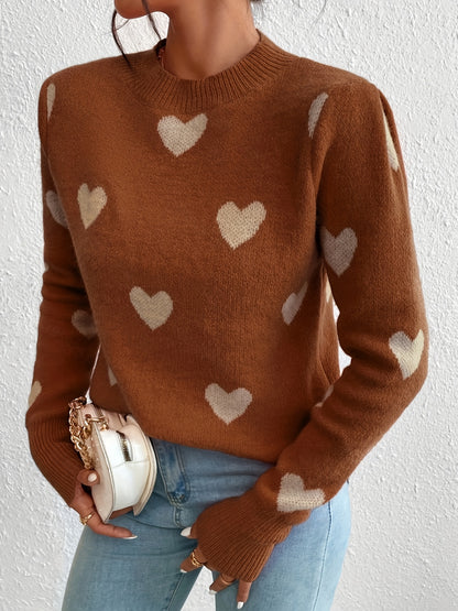 Antmvs Heart Pattern Crew Neck Sweater, Casual Long Sleeve Pullover Sweater, Women's Clothing