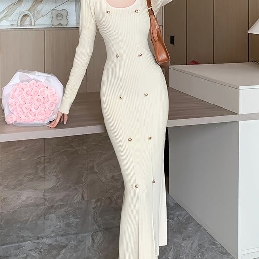 Antmvs Ribbed Slim Solid Dress, Elegant Long Sleeve Dress For Spring & Fall, Women's Clothing