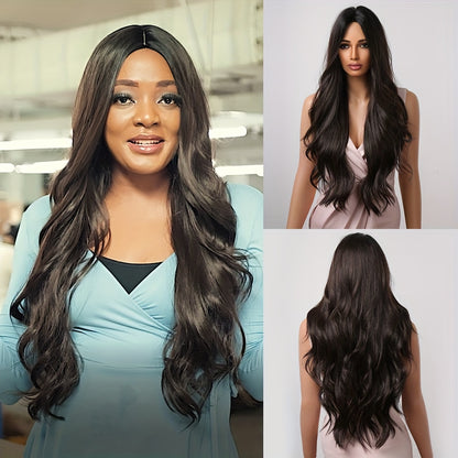 Long Curly Wavy Heat Resistant Synthetic Wigs for Women - Elegant Middle Part Buckle Net Cap Style - Soft, Natural-Looking Hair Replacement for a Glamorous You