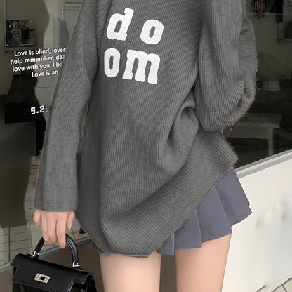 Antmvs Letter Pattern Mock Neck Pullover Sweater, Versatile Long Sleeve Loose Sweater For Fall & Winter, Women's Clothing