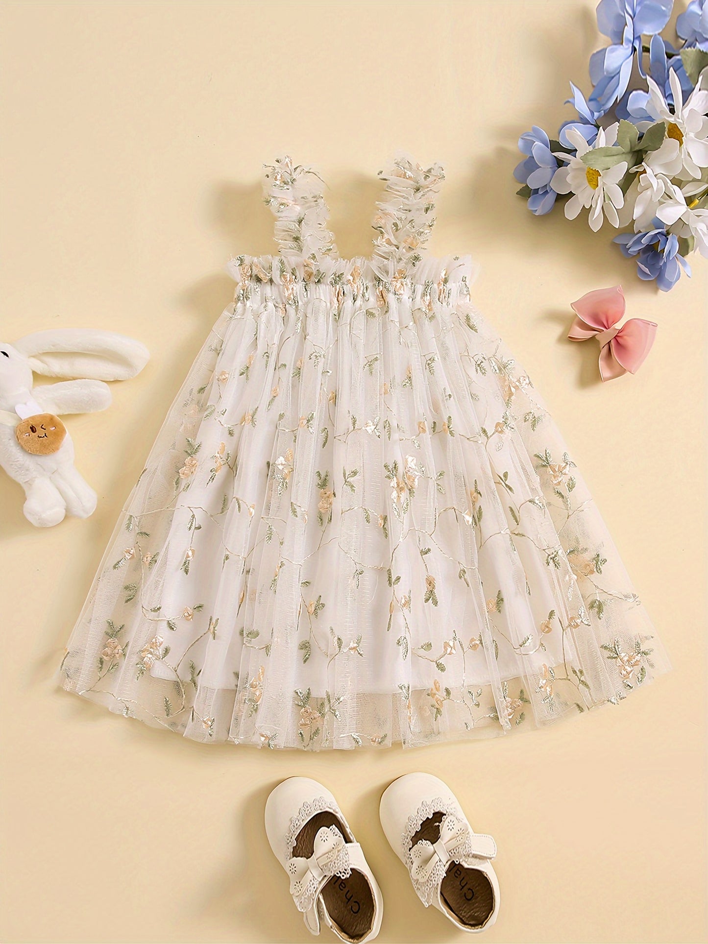 Baby's Elegant Flower Embroidered Mesh Sleeveless Tent Dress, Infant & Toddler Girl's Clothing For Summer Birthday Party, As Gift