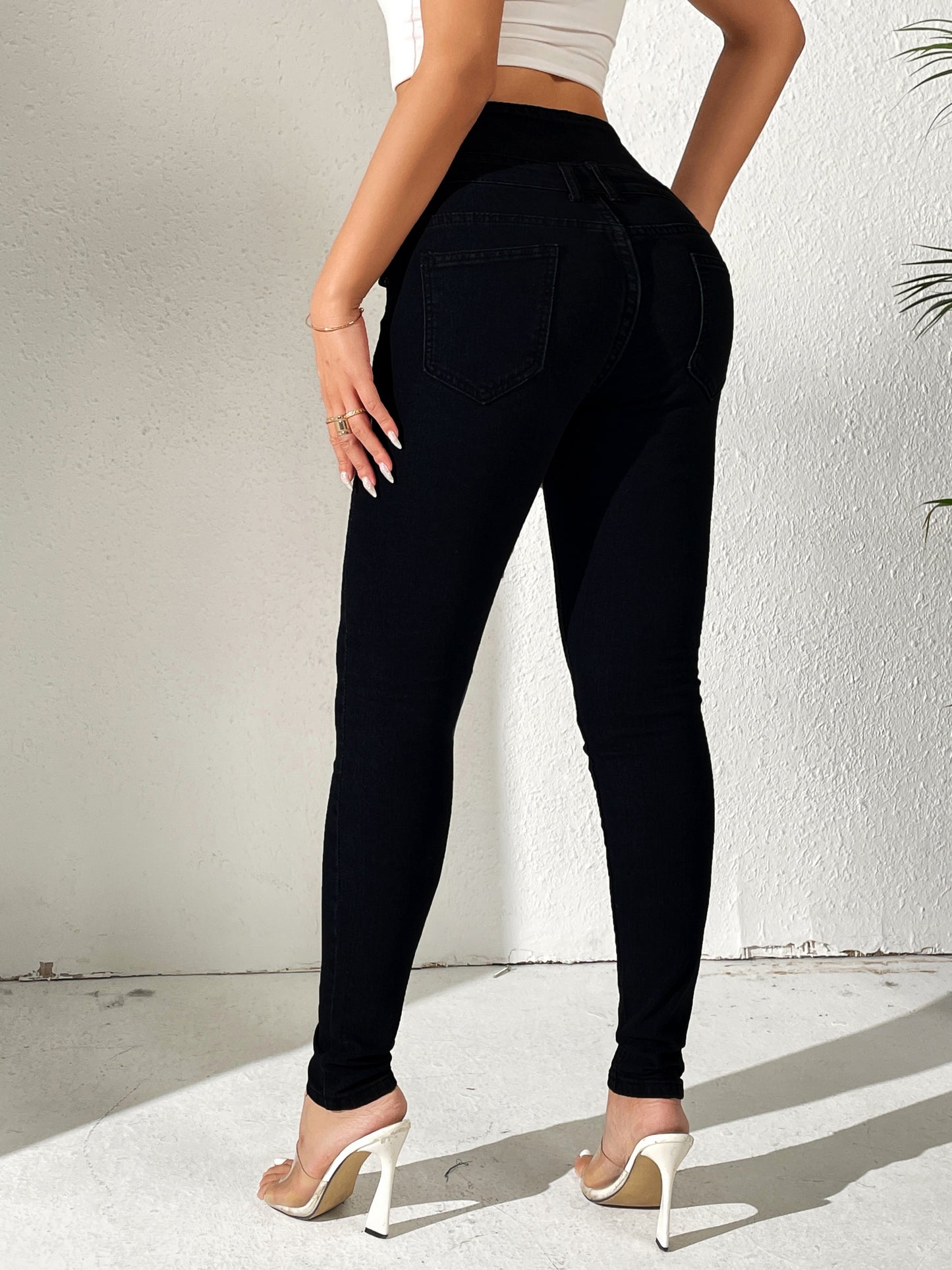 Antmvs High Waist Solid Color Fit Women's Denim, High Stretch Slash Pockets Slim Trousers, Multi Crotch Buttons Curvy Black Pants, Women's Denim & Clothing