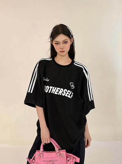 Antmvs ANOTHERSELF Graphic Letter Print Solid Color Loose Short Stripe Sleeve Tee Shirt Top