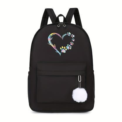 Vibrant Heart-Shaped Paw Print Backpack - Stylish Side Pocket for Bottles & Umbrellas - Perfect for Young Men & Womens Commute, Study, and Outdoor Fun