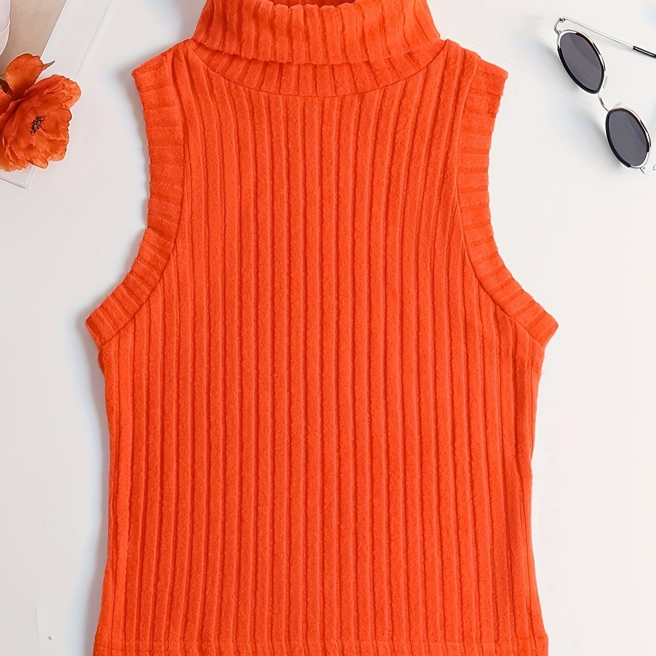 Antmvs Rib Knit High Neck Sweater Knitted Top, Sleeveless Casual Tank Top, Women's Clothing