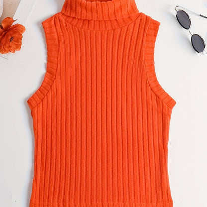 Antmvs Rib Knit High Neck Sweater Knitted Top, Sleeveless Casual Tank Top, Women's Clothing