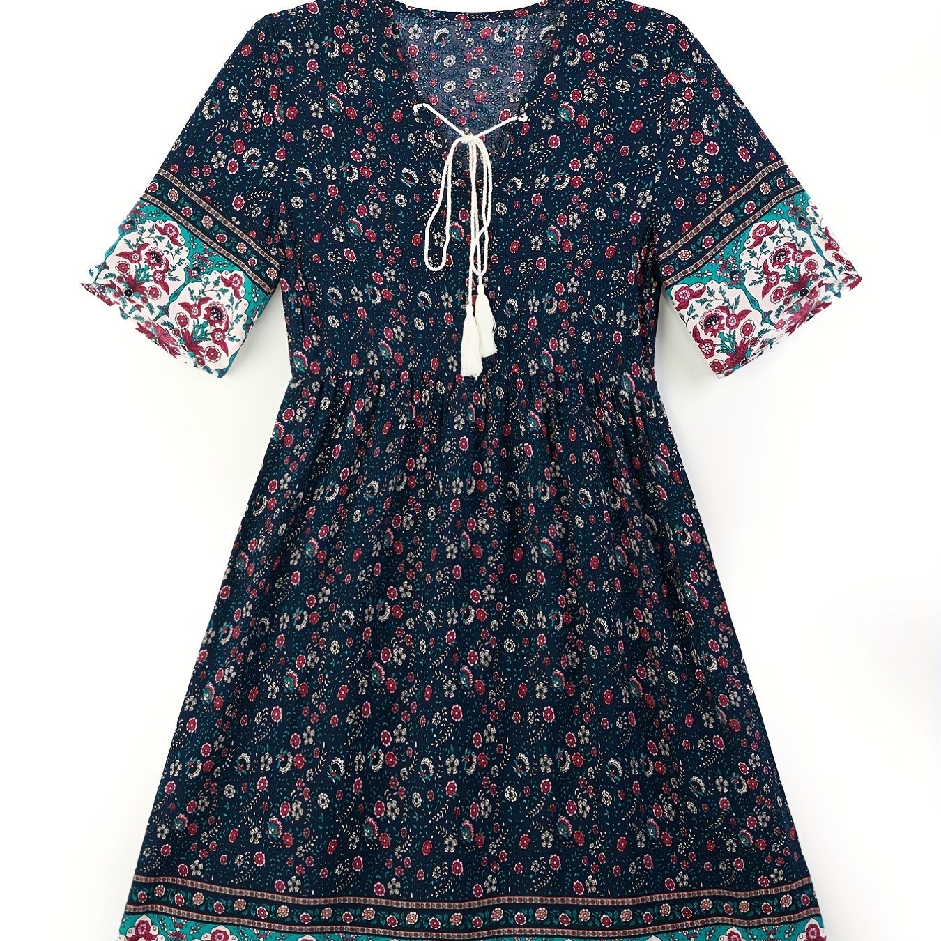 Antmvs Floral Print V Neck Dress, Casual Short Sleeve Dress For Spring & Summer, Women's Clothing