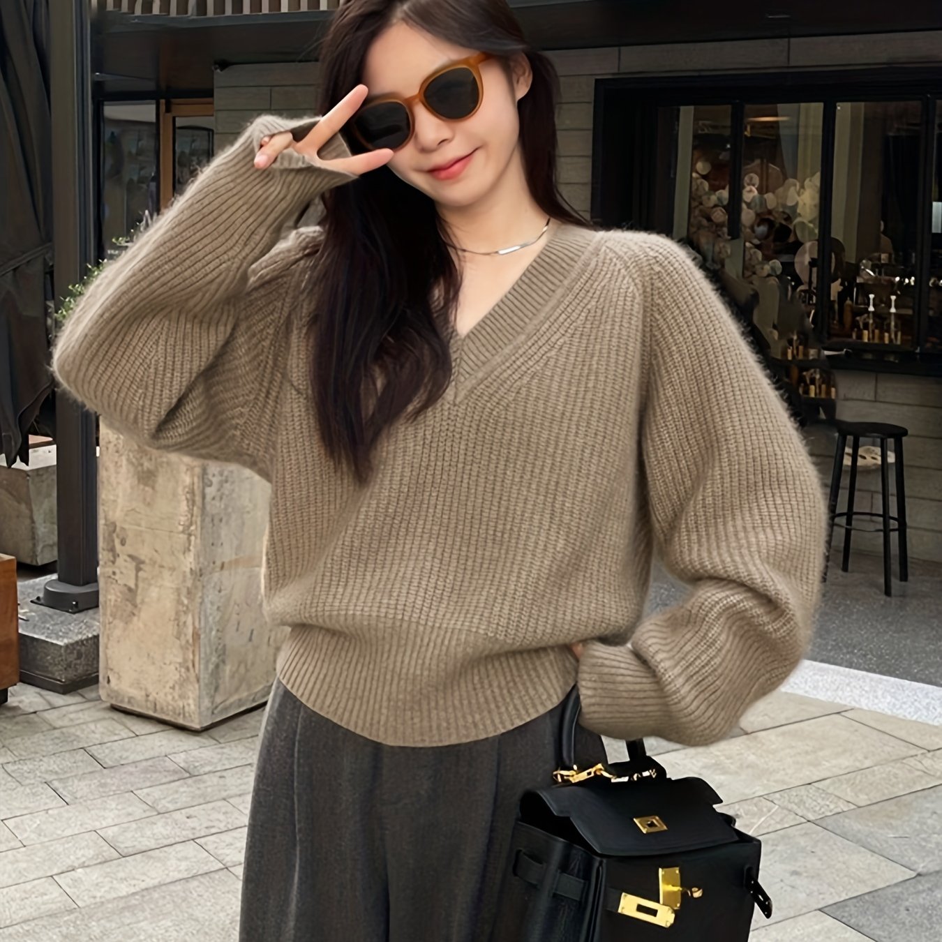 Antmvs Solid Knit Pullover Sweater, Casual V Neck Long Sleeve Sweater, Women's Clothing