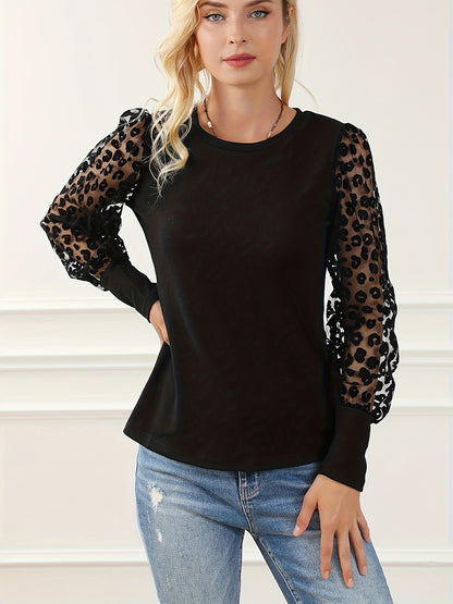 Antmvs Leopard Illusion Sleeve Top, Casual Crew Neck Slim Top, Women's Clothing