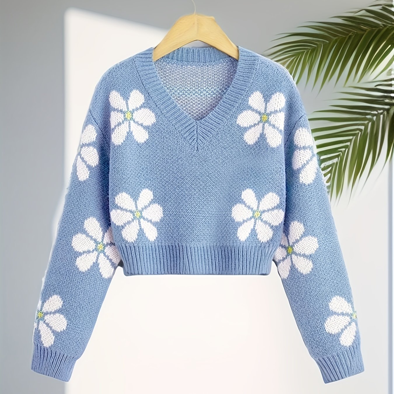 Antmvs Floral Jacquard Girls Drop Shoulder V-neck Knitted Sweater For Fall Winter