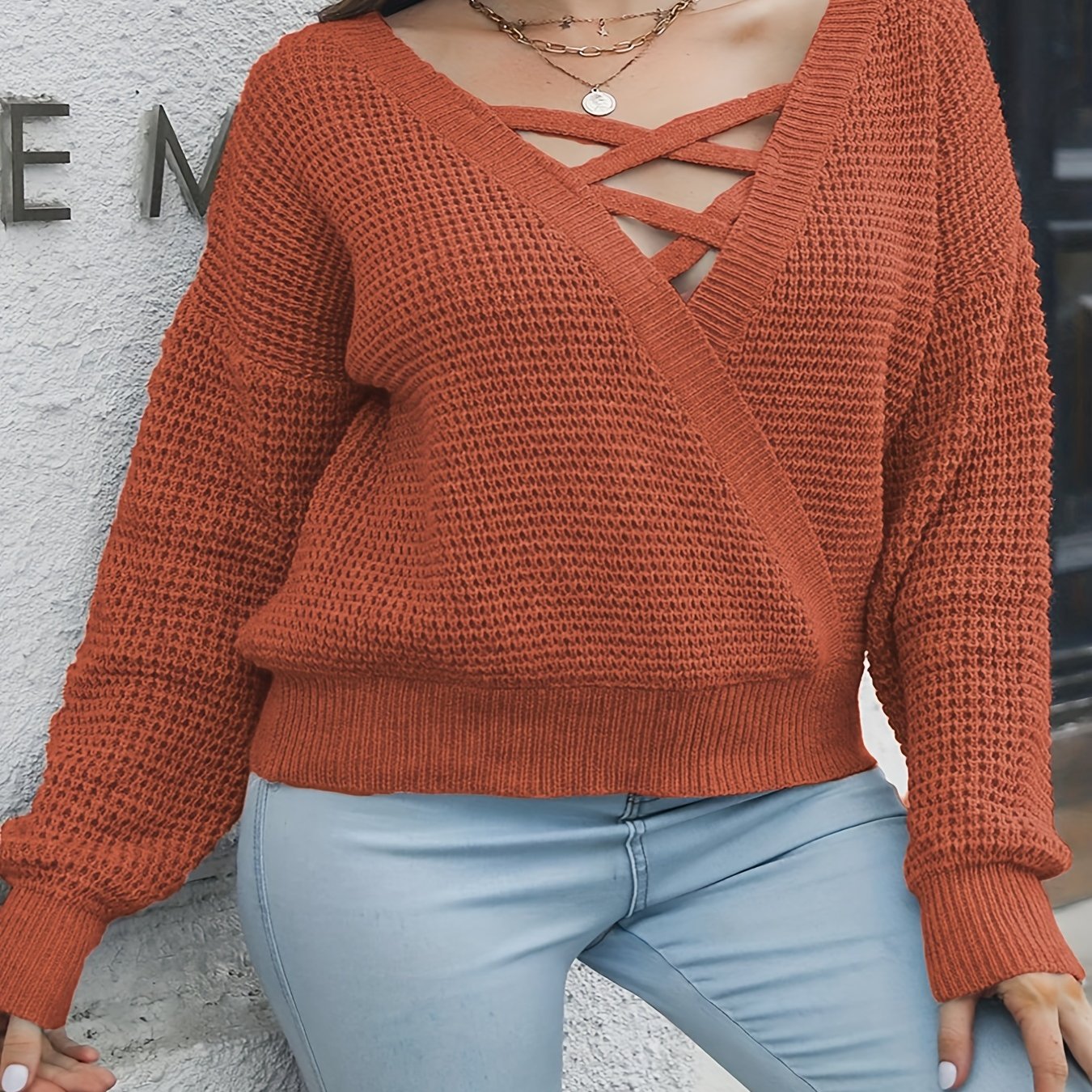 Antmvs Plus Size Casual Sweater, Women's Plus Solid Criss Cross Long Sleeve V Neck Slight Stretch Sweater
