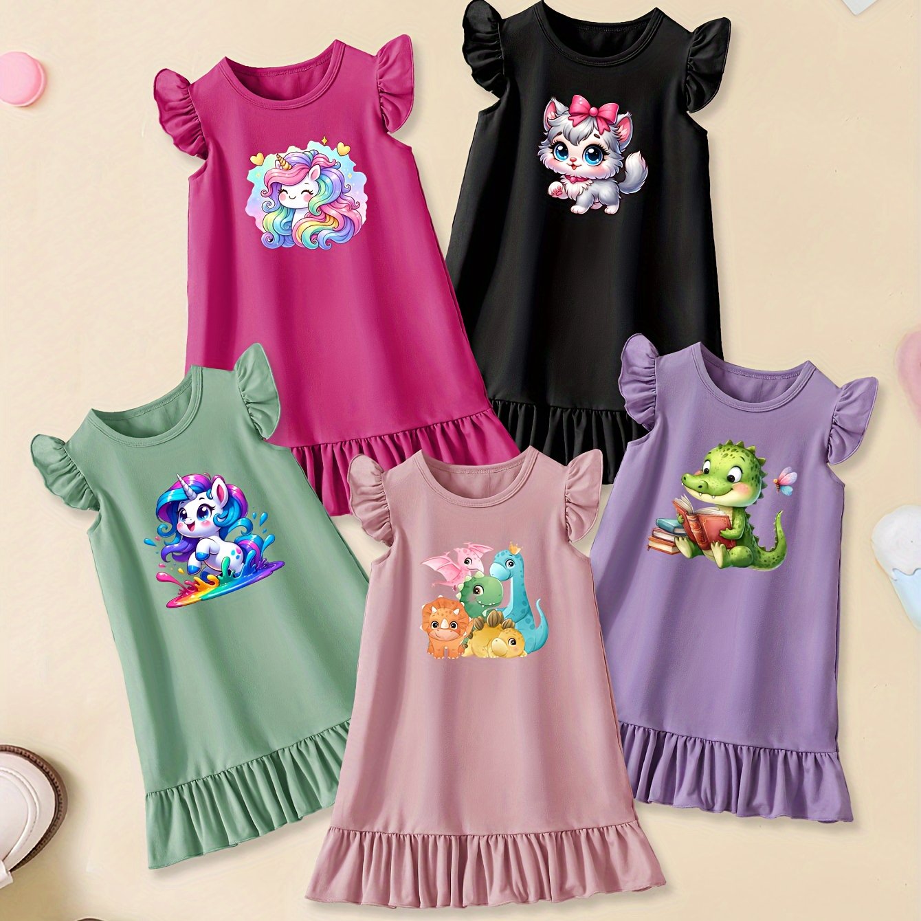 5pcs Cartoon-Themed Graphic Print Crew Neck Ruffle Sleeve Dresses Set for Girls - Soft Knitted Fabric, Slight Stretch, Regular Fit, Trendy Casual Style for Summer Fun