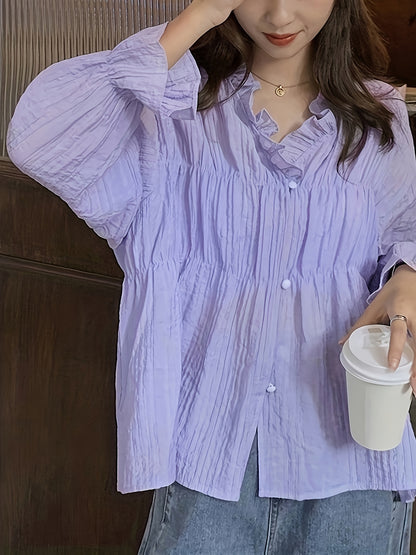 Antmvs Solid Ruffle Trim Button Front Blouse, Sweet Long Sleeve Blouse For Spring & Fall, Women's Clothing