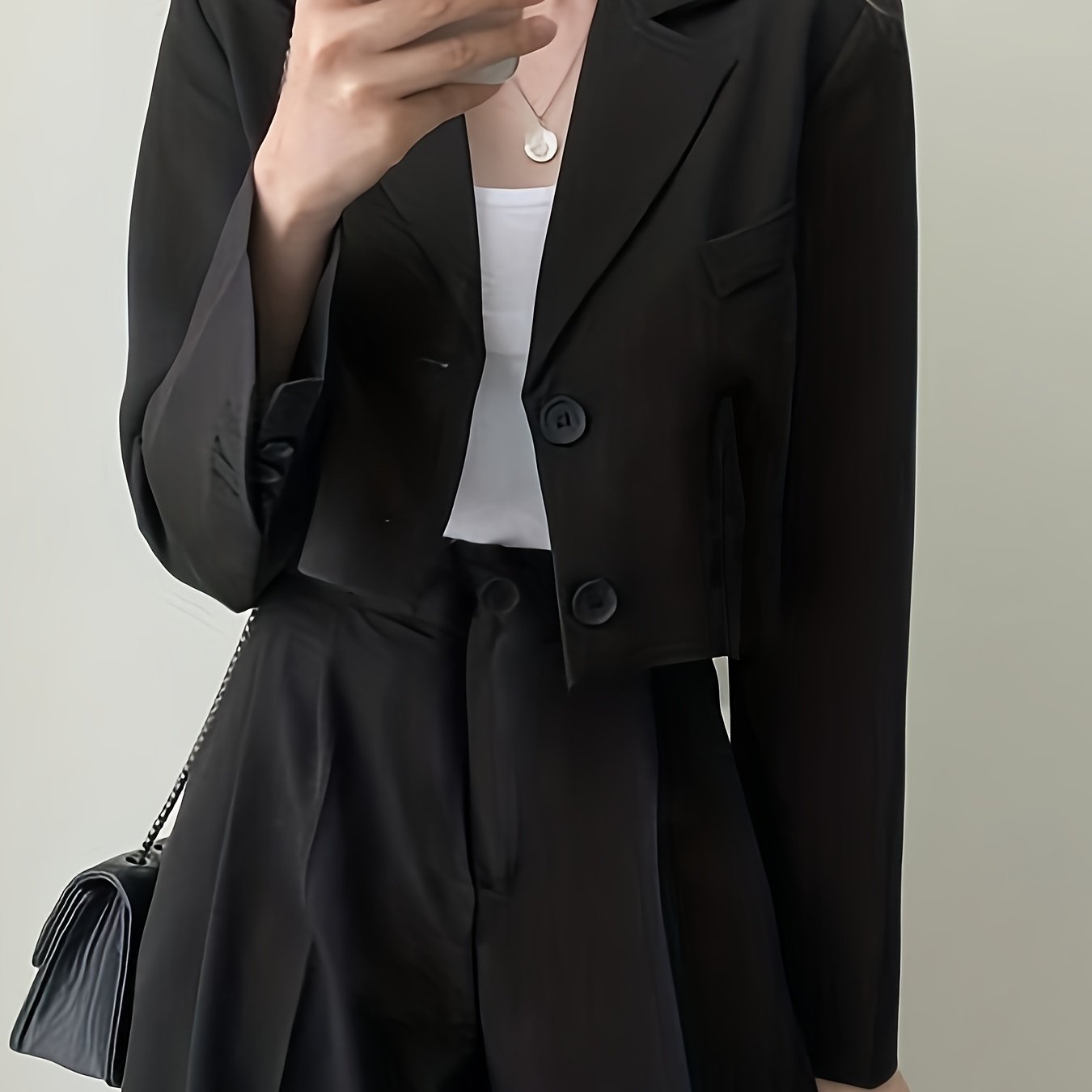 Antmvs Solid Button Front Crop Blazer, Elegant Lapel Long Sleeve Blazer For Office & Work, Women's Clothing