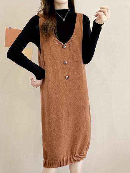 Antmvs Plunging Solid Midi Dress, Elegant Sleeveless Knitted Dress With Buttons, Women's Clothing