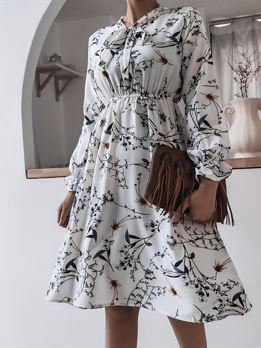 Antmvs Floral Print Tie Front Dress, Casual Long Sleeve Dress For Spring & Fall, Women's Clothing