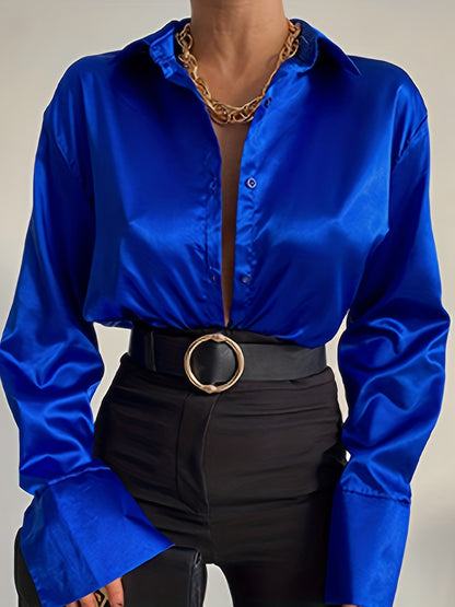 Antmvs Solid Button Front Shirt, Casual Satin Long Sleeve Collar Shirt, Women's Clothing