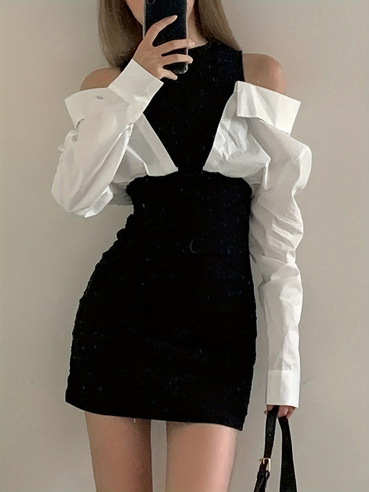 Antmvs Color Block Cold Shoulder Dress, Stylish Cuff Sleeve Crew Neck Mini Dress, Women's Clothing