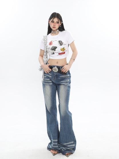 Antmvs Fruits & Veggies Love Graphic Image Print Solid Color Short Sleeve Cropped Top