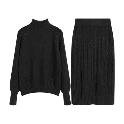 Antmvs Solid Knitted Sweater Two-piece Set, High Collar Long Sleeve Warm Tops & Elastic Midi Skirts Set, Women's Clothing