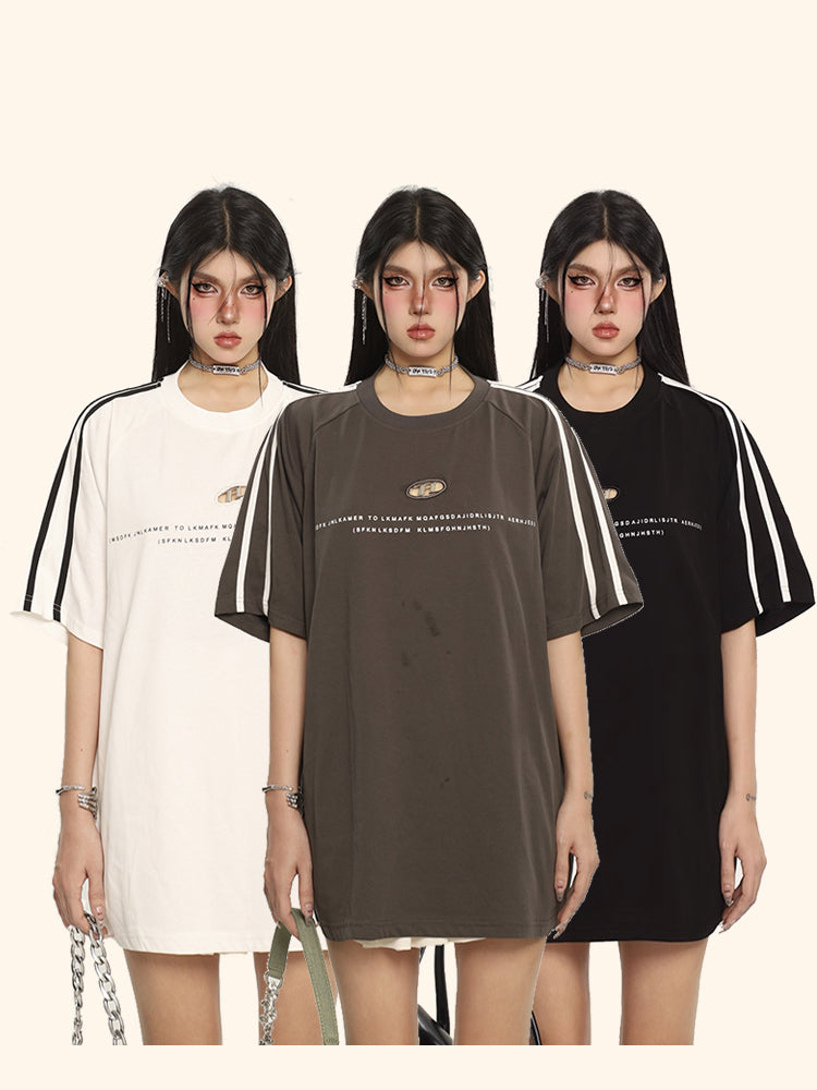 Antmvs Alexandra Solid Color Graphic Letter Print Metal Design Short Stripe Sleeve Baggy Tee Top