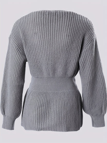 Antmvs Solid Notched Neck Knit Sweater, Elegant Cinched Waist Ruffle Long Sleeve Sweater, Women's Clothing