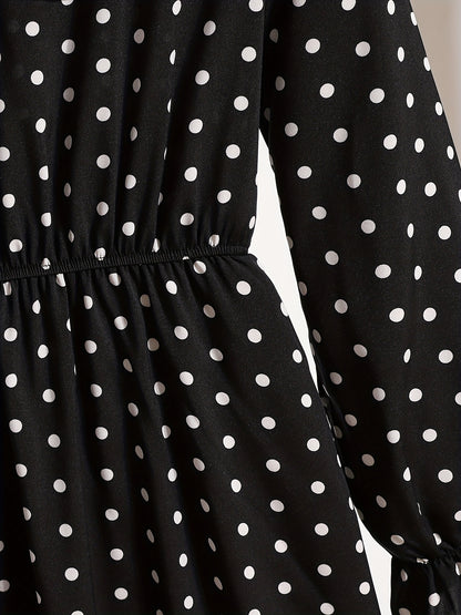 Antmvs Pin Dot Print Dress, Vintage Tie Neck Long Sleeve A Line Dress, Women's Clothing
