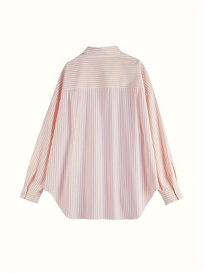 Antmvs Stripe Print Button Front Shirt, Casual Long Sleeve Shirt For Spring & Fall, Women's Clothing