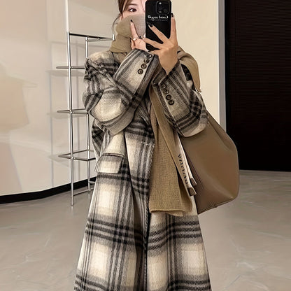 Antmvs Plaid Print Double-breasted Coat, Casual Long Sleeve Notched Collar Coat For Fall & Winter, Women's Clothing