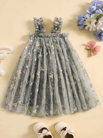 Baby's Elegant Flower Embroidered Mesh Sleeveless Tent Dress, Infant & Toddler Girl's Clothing For Summer Birthday Party, As Gift