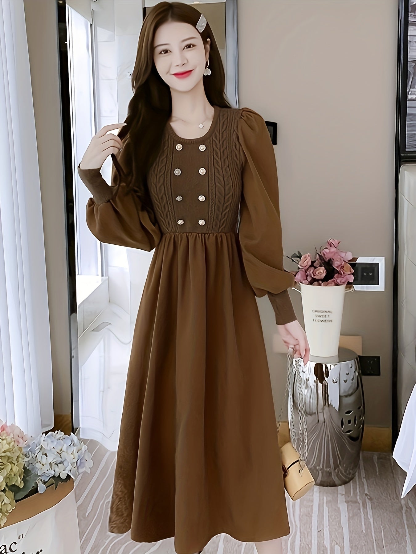 Antmvs Crew Neck Knitted Maxi Dress, Elegant Solid Color Button Long Sleeve Sweater A-line Dress For Fall & Winter, Women's Clothing