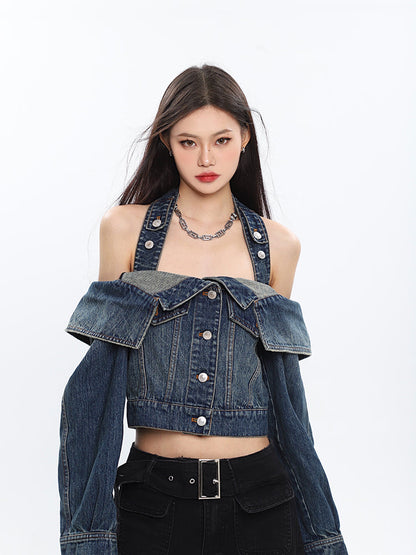 Antmvs Seanna Denim Blue Spice Neck Off-the-Shoulder Halter Loose Cropped Jacket Top