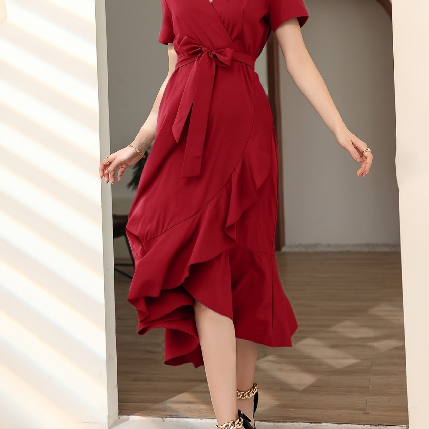 Antmvs Solid Ruffle Trim Dress, Elegant Surplice Neck Short Sleeve Maxi Dress, Women's Clothing