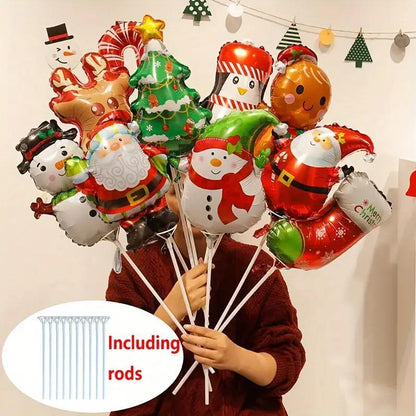 10pcs Mini Christmas Balloons with Assorted Designs - Perfect for Holiday Parties, New Year's Celebrations & More - Includes Support Rods, Best for Christmas