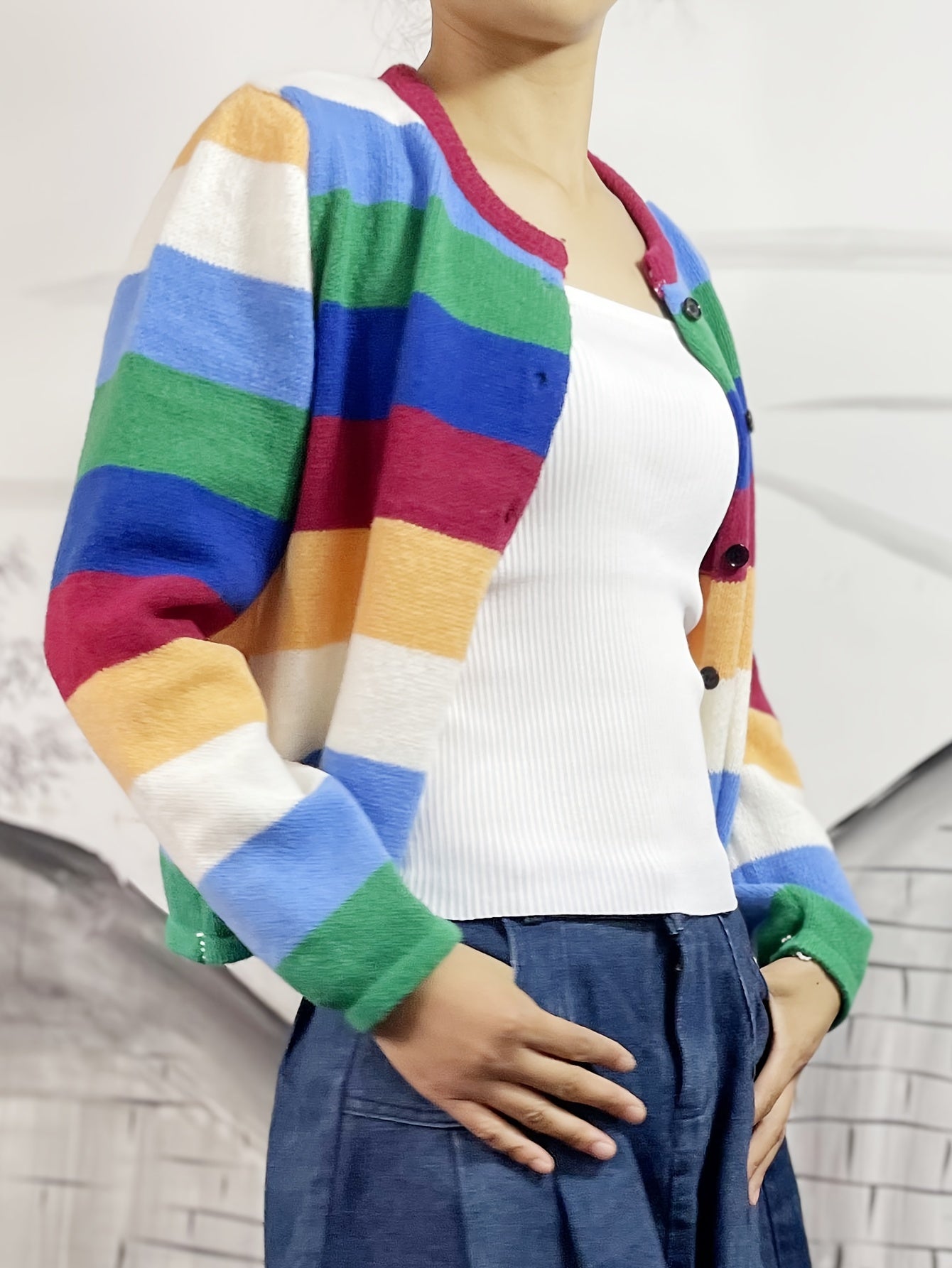 Antmvs Rainbow Striped Button Up Knit Cardigan, Boho Crew Neck Long Sleeve Sweater, Women's Clothing