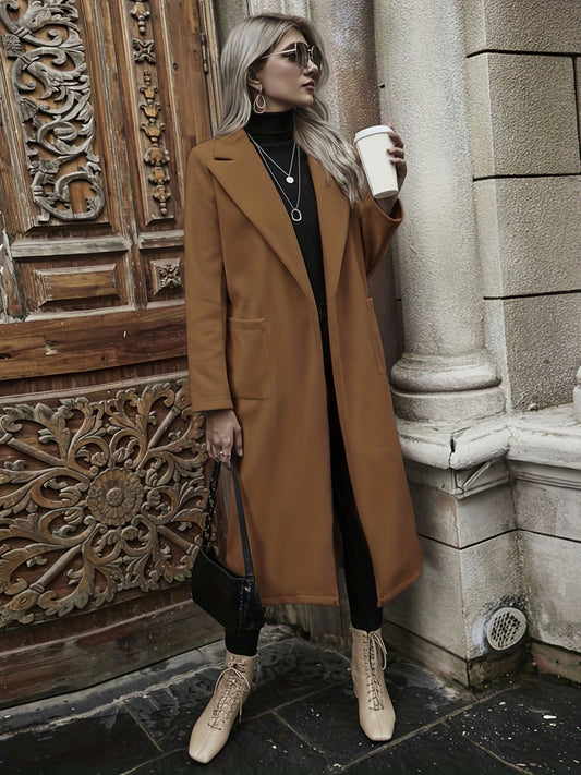 Antmvs Solid Long Length Trench Coat, Elegant Long Sleeve Versatile Outerwear, Women's Clothing